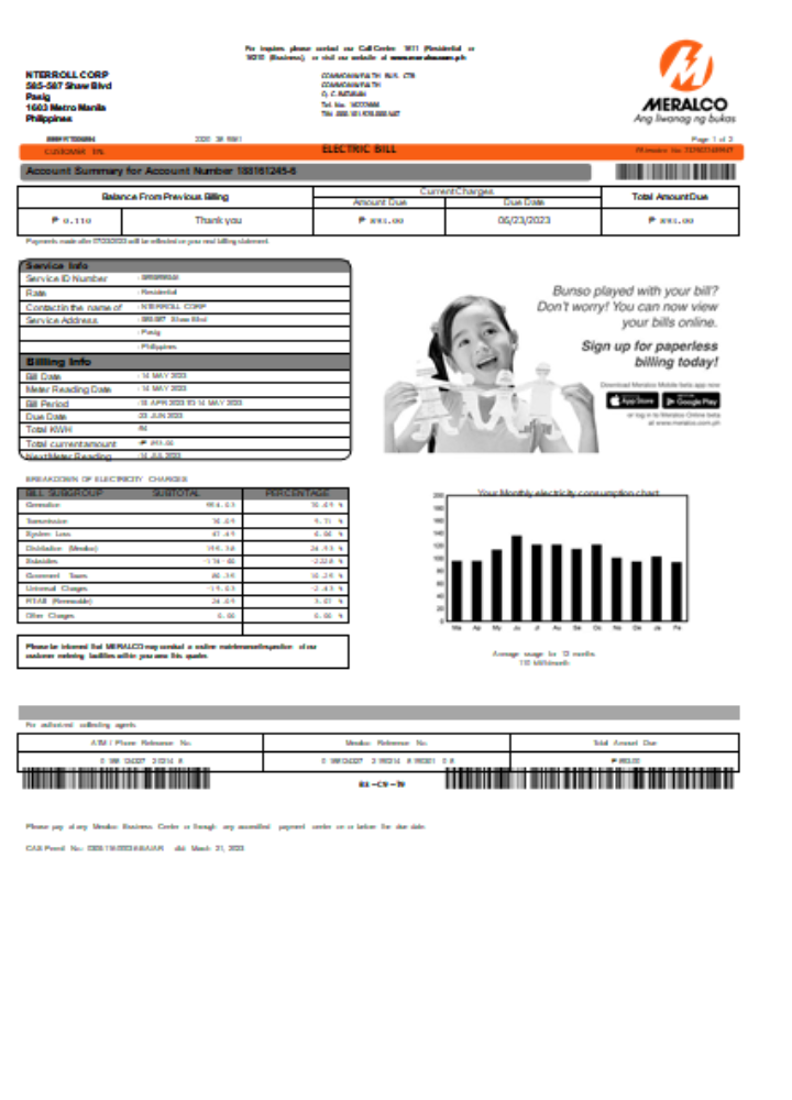 Meralco Philippines electricity utility business bill, SCR PSD template